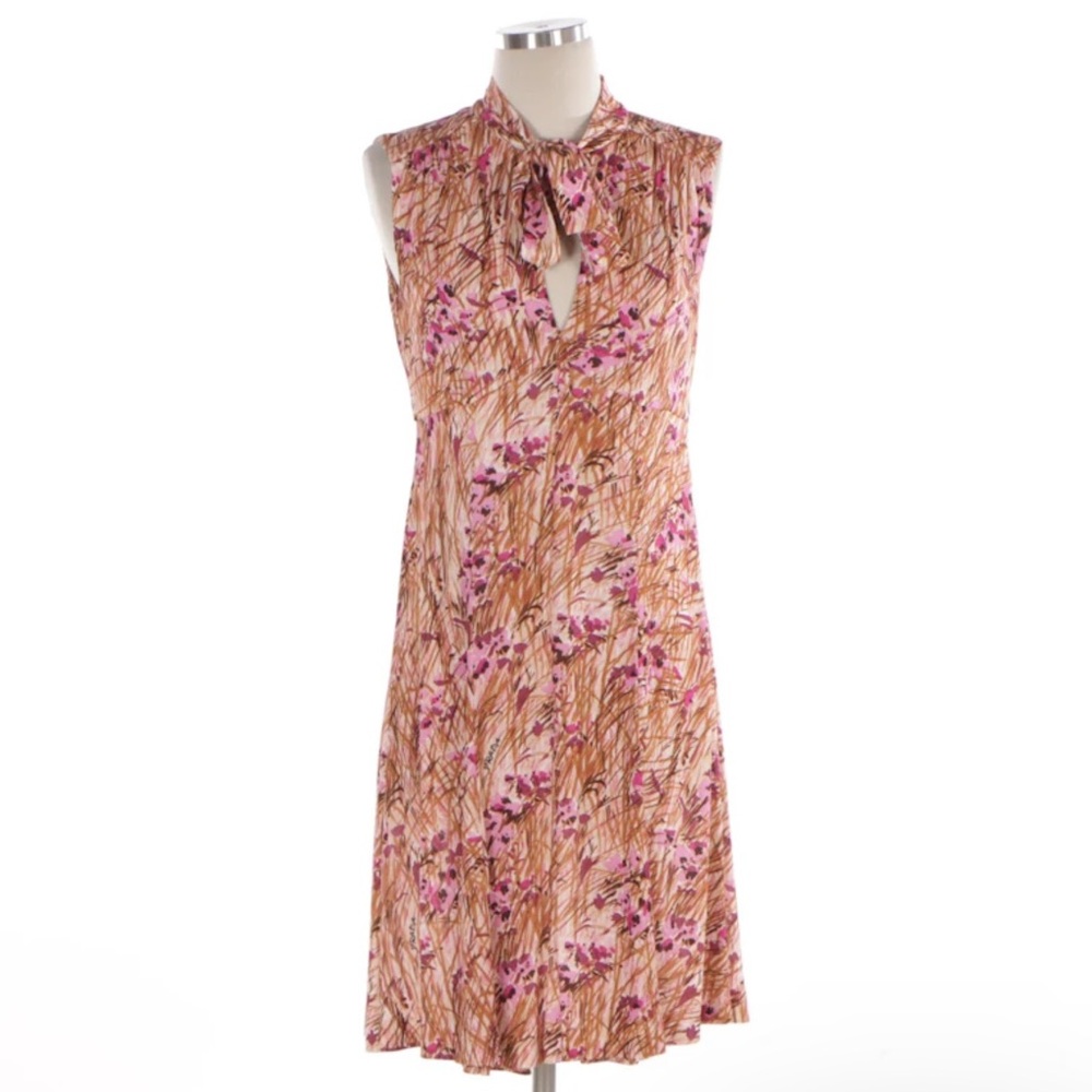 Prada Floral Sleeveless Midi Dress Pink Brown V Neck size S romantic abstract